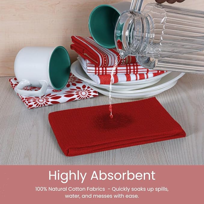 Assorted Kitchen Towels Large 16x26 inch 100% Cotton Set of 5 - Soft Absorbent Washable Tea Towel for Kitchen - Dish Cloths Towel with Hanging Loop - Quick Drying Dish Towels Red