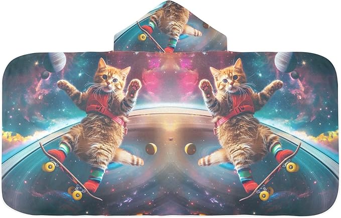 Hooded Towel for Kids Astronaut Cat Skateboard on Saturn's Rings Beach Wrap Bath Towels 50x23.5in