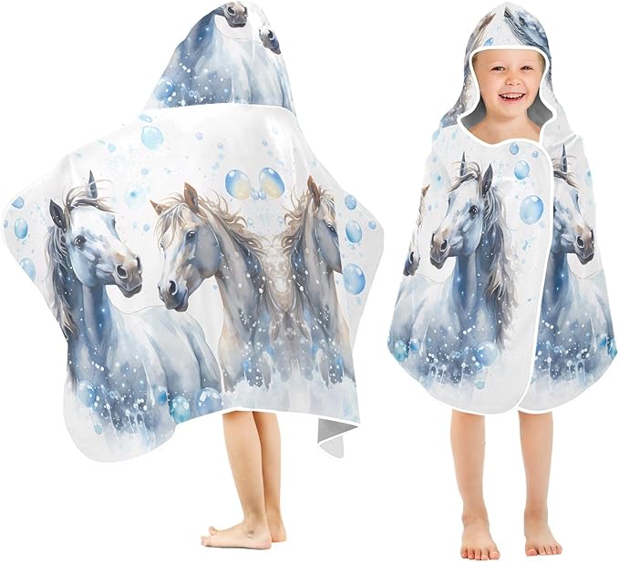 Hooded Towel for Kids Watercolor Horses Beach Wrap Bath Towels 50x23.5in