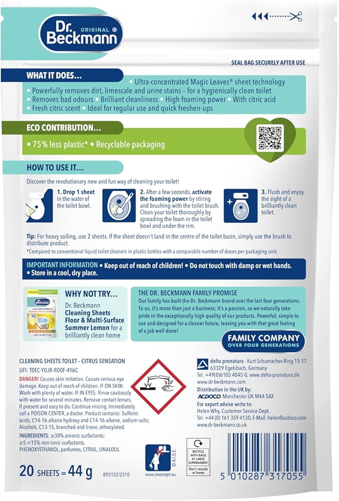 Dr. Beckmann Toilet Cleaning Sheets | Easy Everyday Toilet Cleaning | Hygenic Cleanliness |Citrus Sensation | 20 Sheets