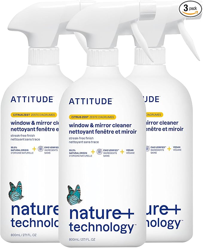 ATTITUDE Window & Mirror Cleaner, EWG Verified, Plant- & Mineral-Based, Vegan & Streak-Free Glass Spray, Citrus Zest Scent, 27.1 Fl Oz (Pack of 3)