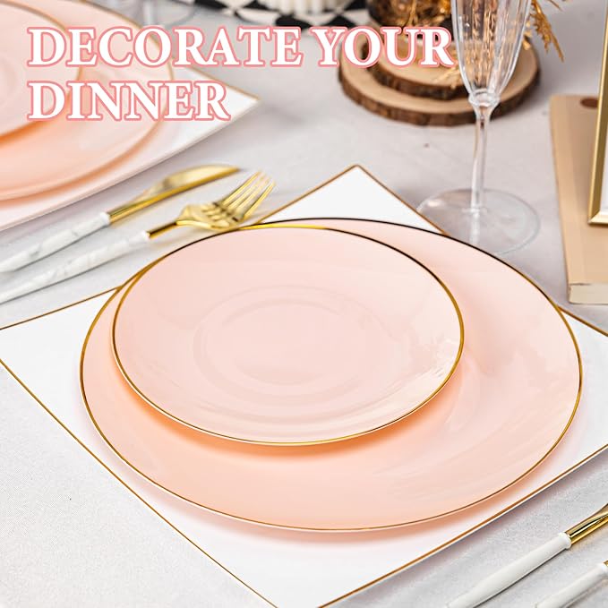 Lullaby 100PCS Pink and Gold Plastic Plates, Disposable Pink Plastic Plate with Gold Rim, 50PCS Dessert Plates 7" and 50PCS Dinner Plates 10", Perfect for Party Wedding and Daily Use