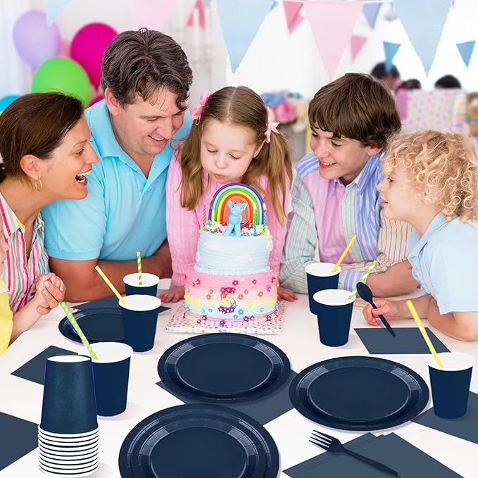 228PCS Navy Blue Party Supplies Set Include Paper Plates Cups Paper Napkins Plastic Spoons Forks Knives for 30 Guests Disposable Party Dinnerware for Birthday Wedding Family Picnic