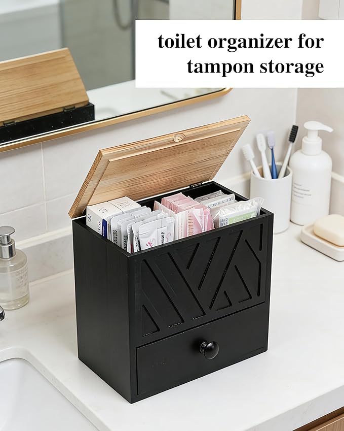 Tampon Holder for Bathroom Decor Feminine Product Organizer With Lid & Drawer Shark Week Box Girl Stuff (1, BLACK)