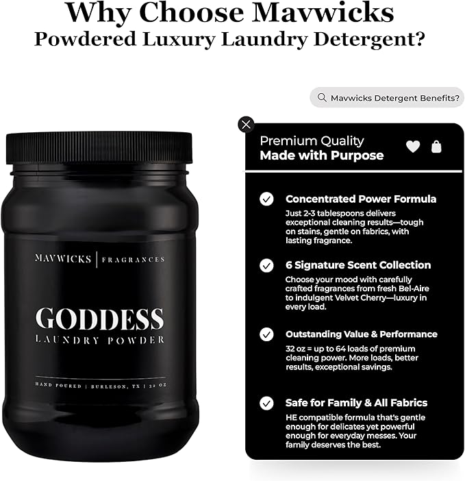 Mavwicks - Luxury Laundry Detergent Powder (Goddess) 32 Oz – Concentrated for Tough Stains and Odors, For All Washing machine types – Gentle on Fabrics