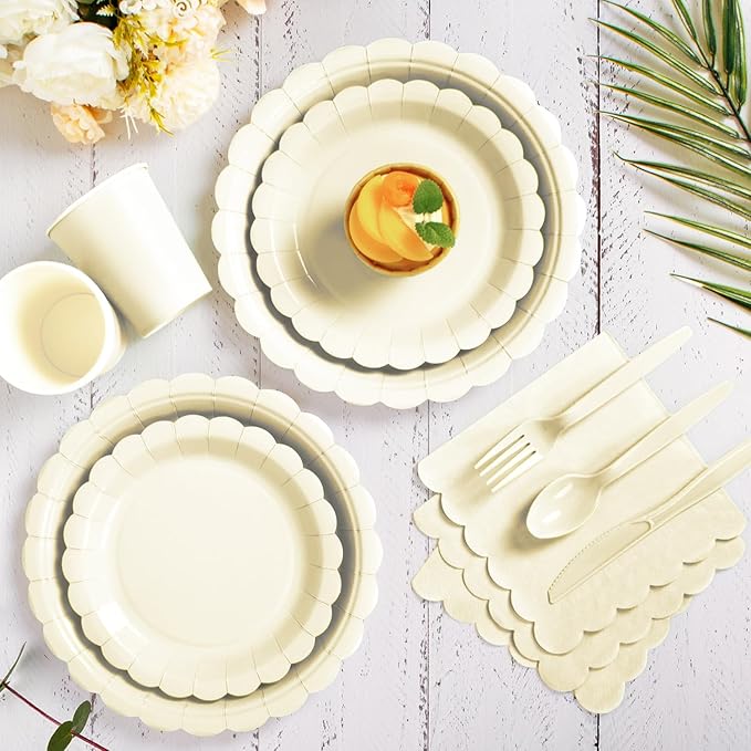 Vyntra 350 Pcs Ivory Disposable Paper Plates and Napkins Set for 50, 9" Dinner Plates & 7" Dessert Plates, Tableware for Wedding, Bridal Shower, Anniversary, Party