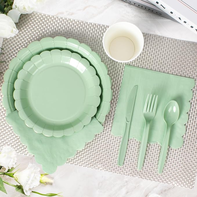 Vyntra 175 Pcs Sage Green Birthday Paper Plates and Napkins Set for 25 Guests, Disposable Party Supplies, 9" Dinner Plates & 7" Dessert Plates
