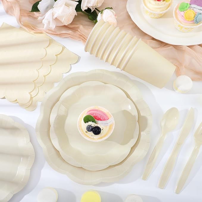 NatNarr 175 Pcs Ivory Plates and Napkins Set, 25 Guest Ivory Party Supplies Include Scalloped Plate Paper Napkin Cup Fork Knives Disposable Plastic Cutlery for Birthday Wedding Baby Shower Party