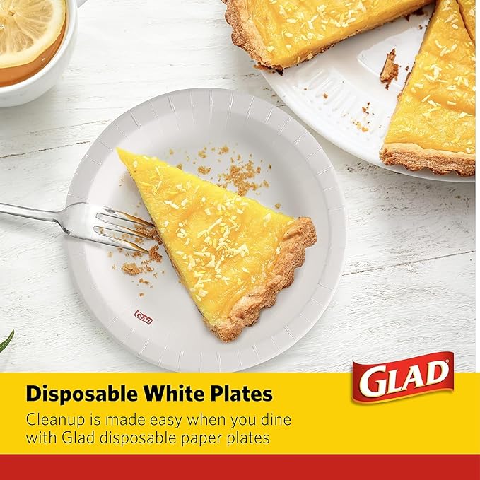 Glad Round Disposable White Paper Plates, Strong Soak-Proof Microwave-Safe Paper Dinner and Dessert Plates for Everyday Meals, Parties, Snacks and Serving, 8.5 Inch, 500 Count