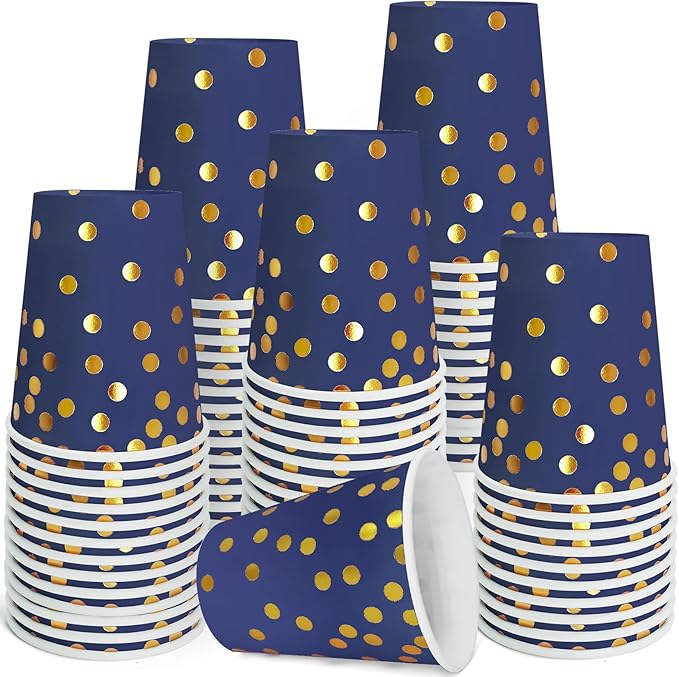 Navy Blue and Gold Paper Cups,9 oz Navy Blue and Gold Foil Dot Disposable Cups for Birthday Wedding Party Supplies(50 Pcs)