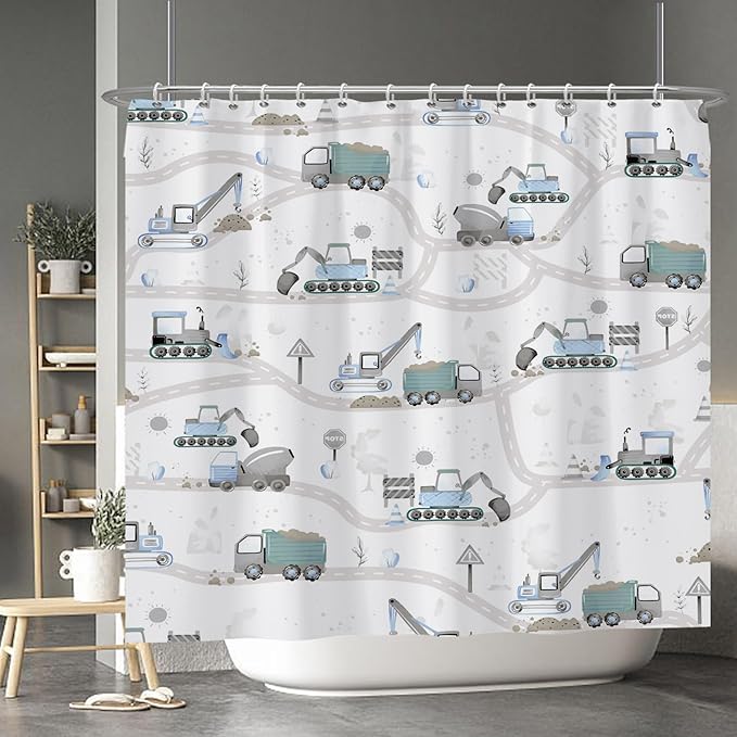 Excavator Kids Shower Curtain Sets Cartoon Construction Truck Tractor Car Bathroom Decor Fabric Polyester Waterproof 84x72 Inches with 14 Hooks for Boys Machinery Vehicle Bath Curtains