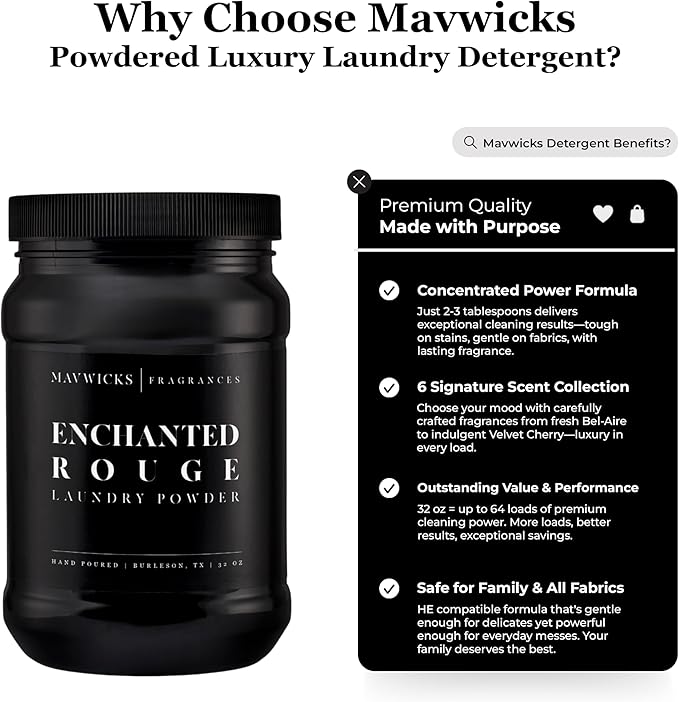 Mavwicks - Luxury Laundry Detergent Powder (Enchanted Rouge) 32 Oz – Concentrated for Tough Stains and Odors, For All Washing machine types – Gentle on Fabrics