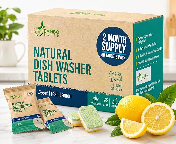 Natural Dishwasher Detergent Tablets - Plant Based Alternative Refill Pack Dishwashing Tabs - Eco-Friendly And Plastic Free Way To Cleaner Dishes - 30/60/90 Refills Dish Washer Soap Pods (60 Pack)