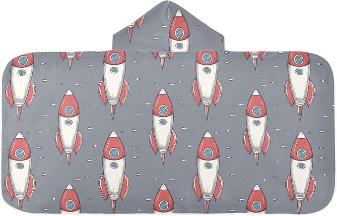 Hooded Beach Towel for Kids Cartoon Space Rockets Gray Hooded Beach Bath Towel Soft Toddler Towels