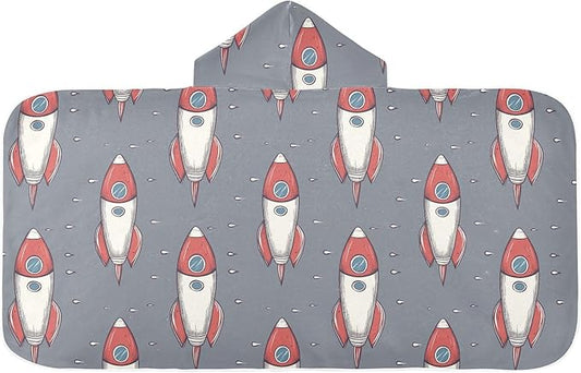 Hooded Beach Towel for Kids Cartoon Space Rockets Gray Hooded Beach Bath Towel Soft Toddler Towels