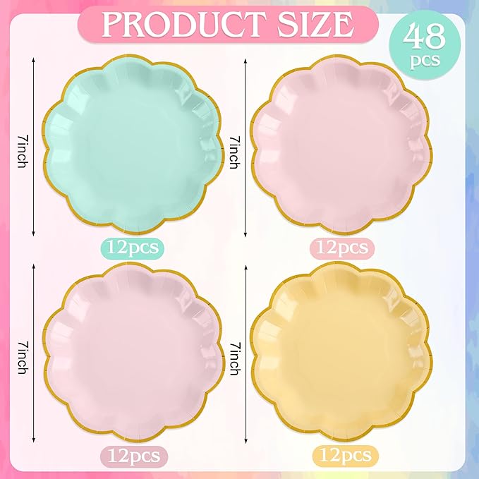 AimFun 48 Pcs Pastel Scalloped Paper Plates 7 Inch Disposable Macaron Colorful Dessert Plates with Gold Edge Gradient Rainbow Party Supplies for Wedding Birthday Baby Shower Bridal Summer Decorations