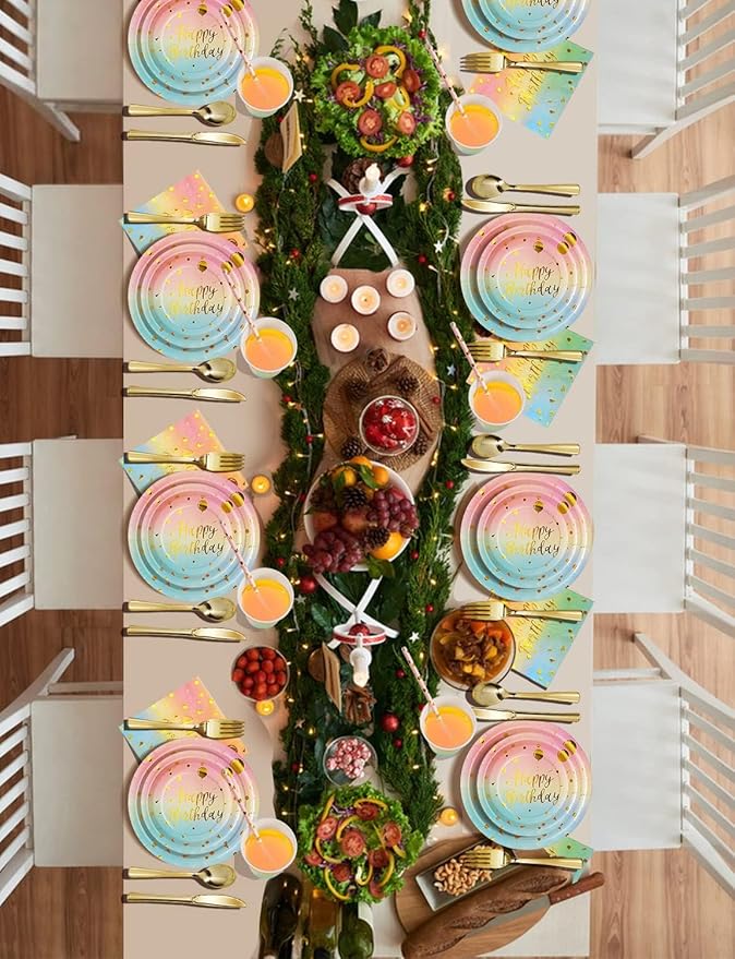 Nkaiso Birthday Party Tableware, 161 Pieces Rainbow gold Party Supplies, Party Dinnerware Sets Include Paper Plates Napkins Cups Silverware, for Shower Engagement Parties Decoration -20 Serves
