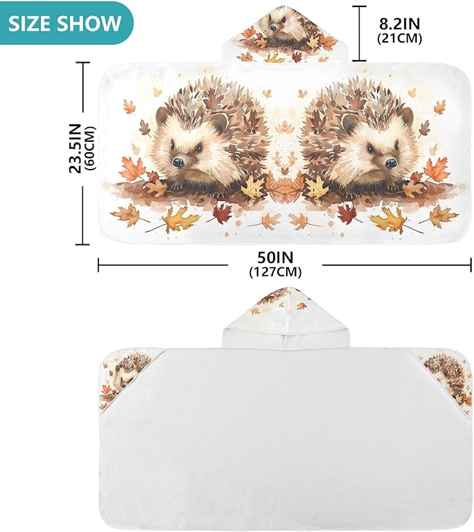 Hooded Towel for Kids Hedgehog and Maple Leaves Beach Wrap Bath Towels 50x23.5in