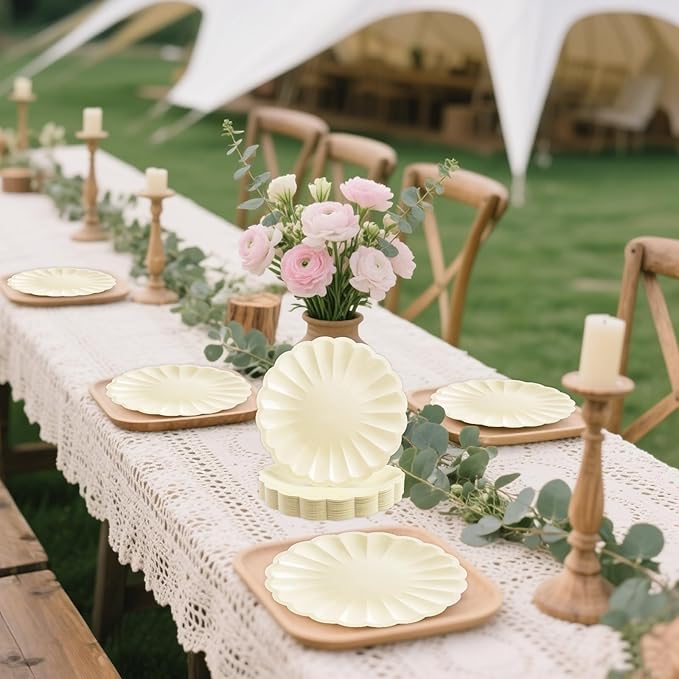 50Pcs Large Scalloped Cream Paper Plates 9Inch Shell Edge Dinner Plates for Cake Salad Fruit Disposable Dinner Serving Plates for Birthday Wedding Baby Shower Party Decorations