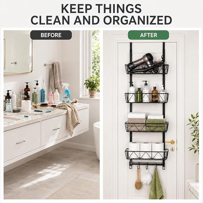 Bathroom Storage and Organizer Rack Hair Dryer Holder,Hair Tool Organizer,4-Tier Over The Door Organizer Adjustable Height, for Bathroom Laundry Cosmetic, Vanity, Kitchen