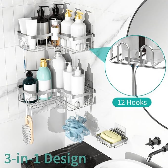 Moforoco Corner Shower Caddy Shelf Organizer Rack, Self Adhesive Black Bathroom Shelves Basket, Home Shower Inside Organization and Storage Decor Rv Accessories, First Apartment Essentials（Silver）