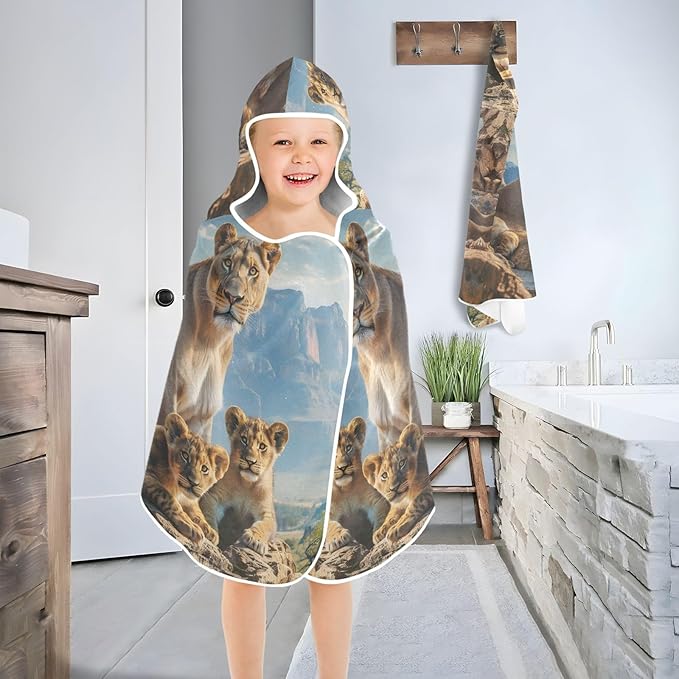 Hooded Towel for Kids Lion Family in Natural Habitat Beach Wrap Bath Towels 50x23.5in