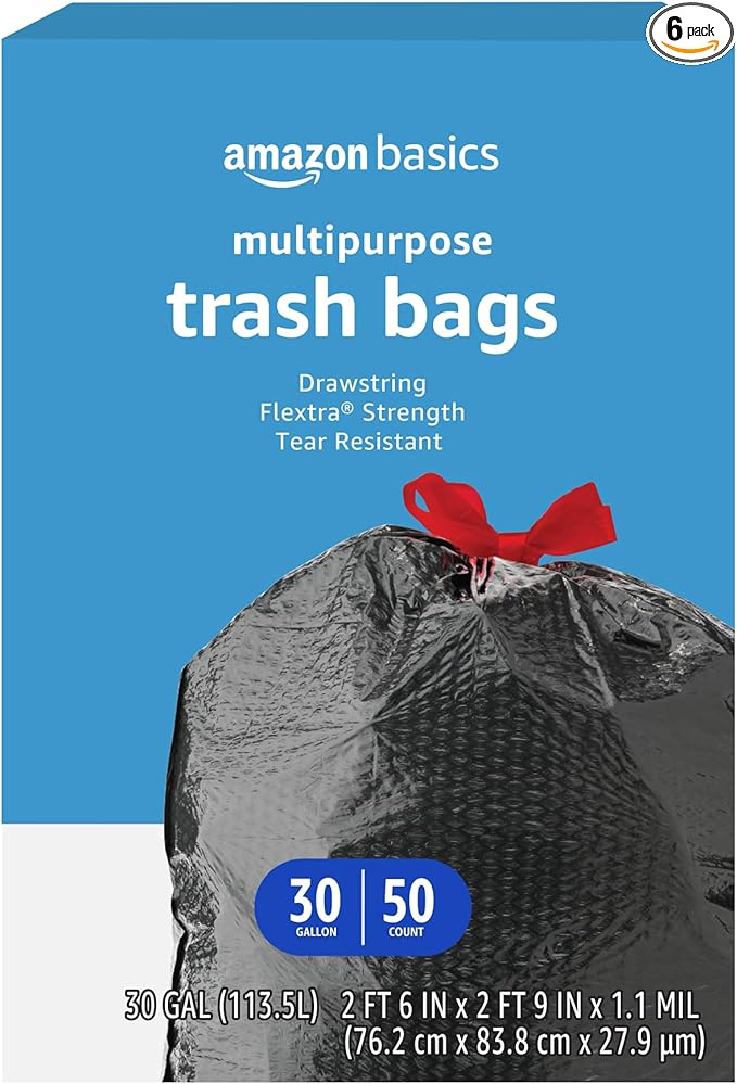 Amazon Basics Flextra Multipurpose Drawstring Trash Bags,30 Gallon,50 Count (Pack of 6)