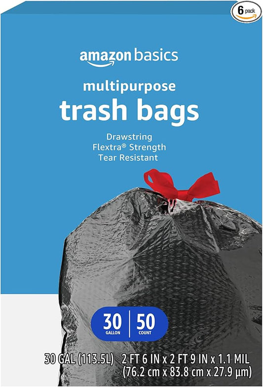 Amazon Basics Flextra Multipurpose Drawstring Trash Bags,30 Gallon,50 Count (Pack of 6)
