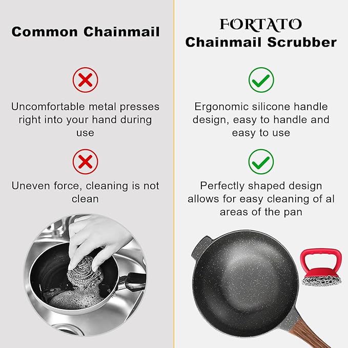 Cast Iron Scrubber with Handle 316L （Ergonomic Non-Slip Grip Cleaner for cast Iron skillets, Pans, and Dutch ovens – Stainless Steel Chainmail Cleaning pad, Durable and Dishwasher Safe）