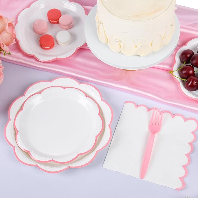 96 Pcs Pink and White Paper Plates and Napkins Set, Tableware set for 24 Guest include White Dessert Plates with Pink Scalloped Edge, Napkins and Forks for Baby Girl Shower, Bridal Shower, Wedding