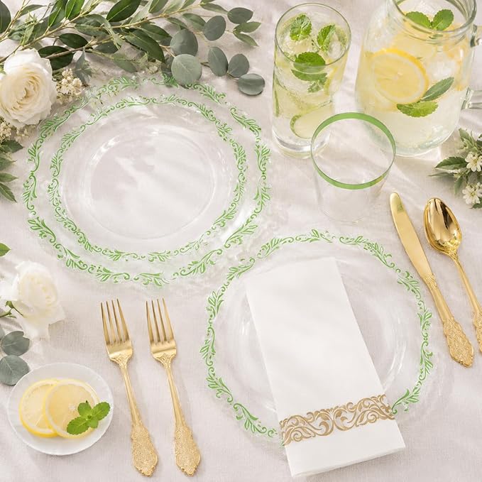 PULOTE 175PCS Green Plastic Plates - Clear Plastic with Green Rim Disposable - Include 25 Each (Dinner & Dessert) Plates, 75 Cutlery, 25 Cups, 25 Napkins, Idea for Wedding&Party