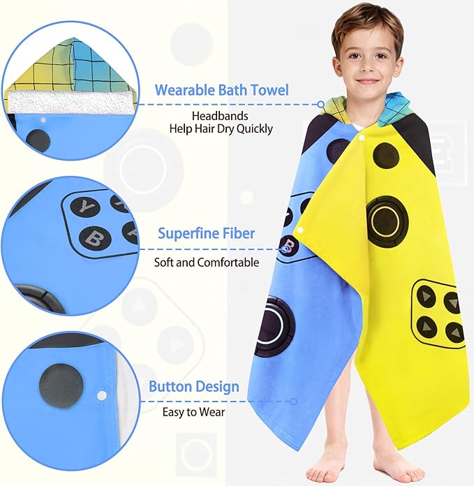 Hooded Towels for Kids - Superfine Fiber Video Game Gamepad Toddler Hood Bath Towels Beach Hooded Poncho Absorbent Pool Toddler Swim Bath Wrap for Boys & Girls 3-10 Years, 50 * 30 inches