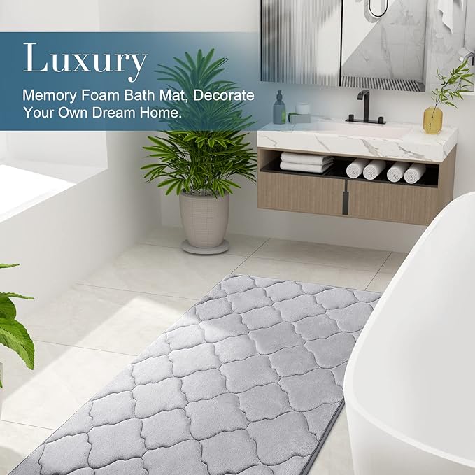 OLANLY Memory Foam Bath Mat Rug 47x17, Ultra Soft and Absorbent Bathroom Rugs, Non-Slip, Comfortable, Machine Washable Bath Carpet for Bathroom Floor, Tub, Shower and Home Decor Accessories, Grey
