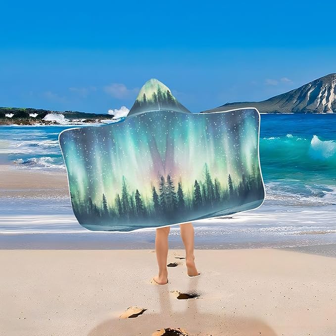 Hooded Towel for Kids Aurora Borealis in Woods Beach Wrap Bath Towels 50x23.5in