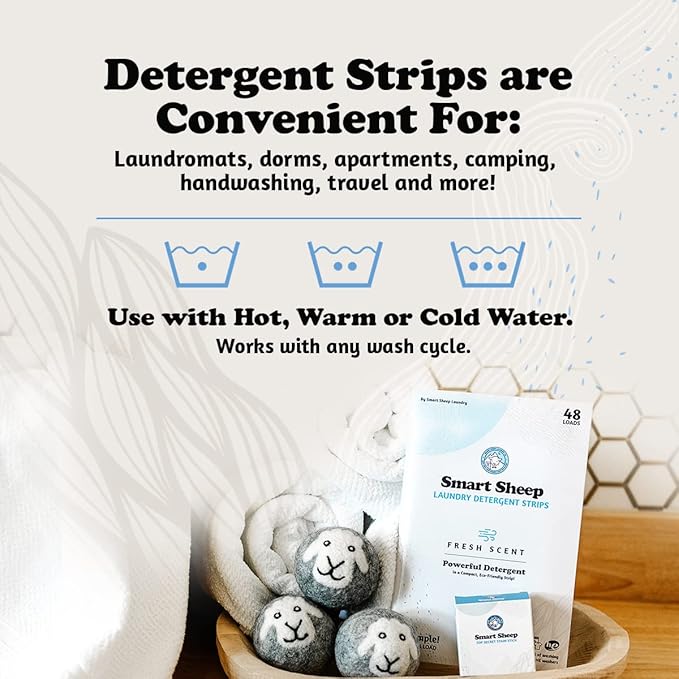 Smart Sheep Laundry Strips - 48 Loads - Detergent Strips for Sensitive Skin - Eco Friendly & Plastic Free - Perfect for Home, Travel & Camping - Fresh Scent