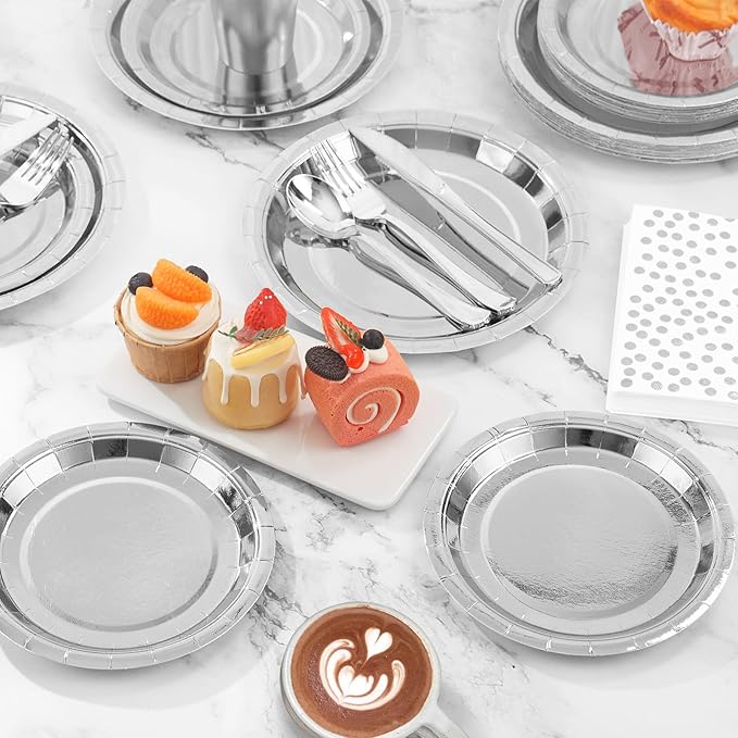 Silver Paper Plates and Napkins Party Supplies,350pcs Silver Plates Disposable Dinnerware Set for Anniversary Graduation Holiday Disco Birthday Party Decorations Serves 50