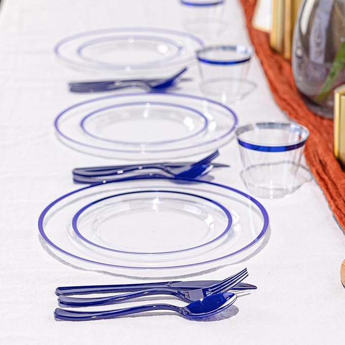 N9R 600PCS Disposable Plastic Plates, Blue Plastic Dinnerware Set Includes 100 Dinner Plates, Dessert Plate, Cups, Spoons, Forks, Knives for 100 Guests, Perfect for Party, Wedding, Birthday