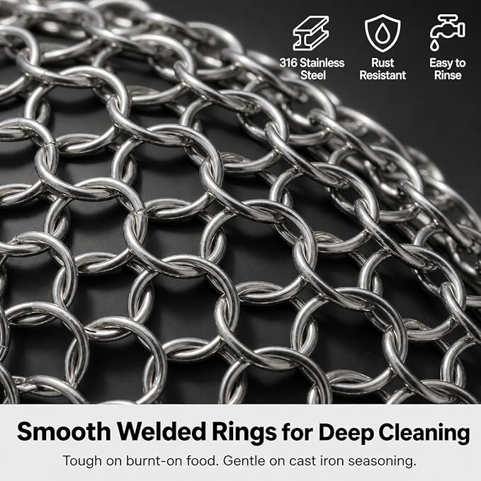 Cast Iron Scrubber Chainmail, 316 Stainless Steel Pot Cleaner with Pan Scraper, Heavy Duty Rust Remover for Cast Iron Skillet, Grill, Dutch Oven – Dishwasher Safe, Heat Resistant Kitchen Cleaning Tool