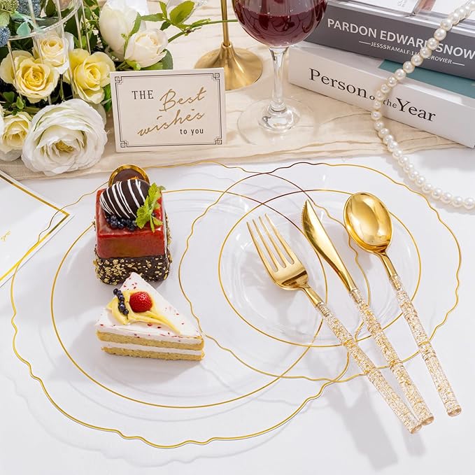 Liacere 150PCS Clear Gold Plastic Plates - Disposable Plastic Silverware with Glitter Bamboo Handle Cutlery-Baroque Clear Gold Disposable Plates for Wedding & Party & Mother's Day