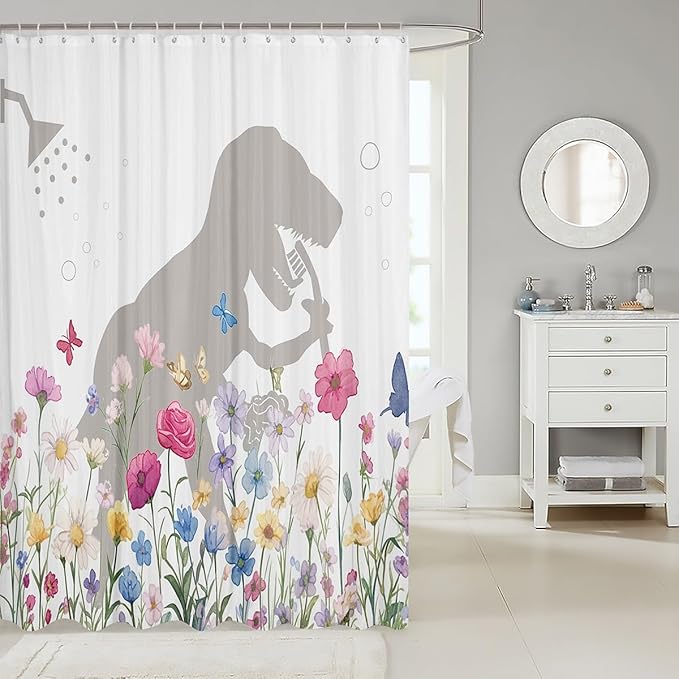 Feelyou Dinosaur Shower Curtain Shower Dino Fabric Shower Curtain for Kids Boys Girls Spring Flowers Bathroom Waterproof Accessories with 12 Hooks Butterflies Curtains,72x78 Inches