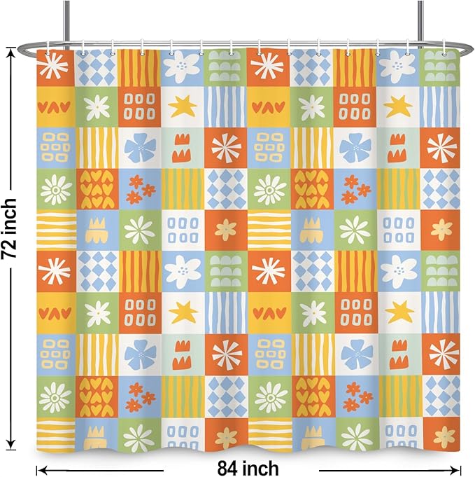 Boho Checkered Floral Shower Curtain Set Multicolored Geometric Flower Print Shower Curtains for Bathroom Waterproof Fabric Bathtub Decorations with Hooks 84x72 Inches