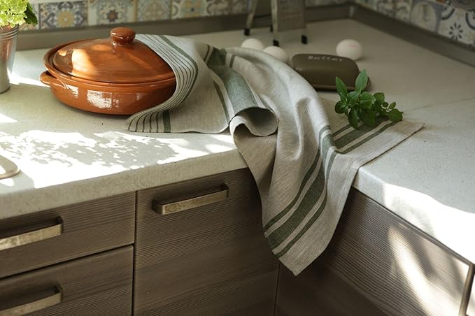 Pure Linen Kitchen Tea Towels - 100% Flax Linen Dish Towels 17 x 27 inch with Olive Green French Country Stripes - Flax Hand Towels - Set of 2