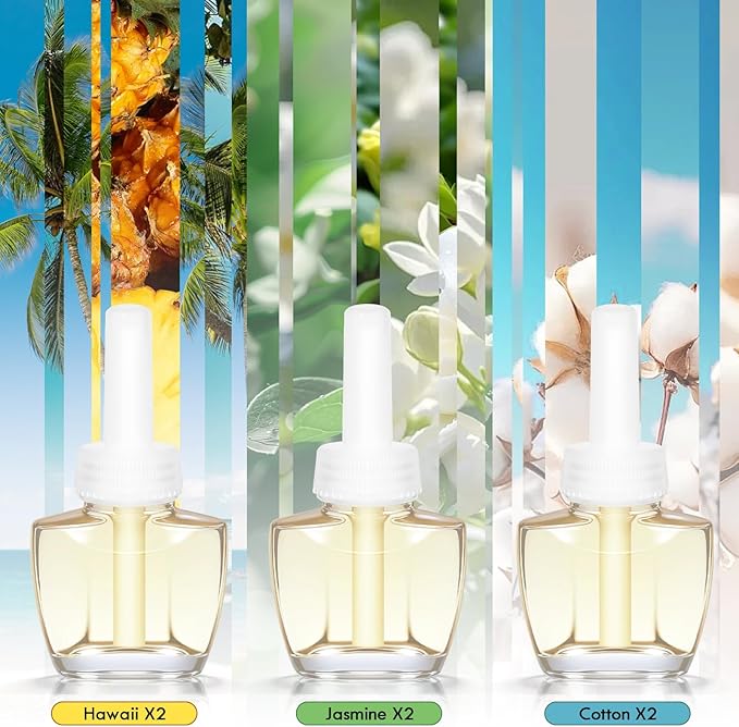 Plug In Refills Air Freshener, Scented Wall Plug in Refills for Home and Bathroom, Jasmine, Hawaiian & Cotton Scents, 6 Count (3.96 Fl Oz), Compatible with Air Wick & Glade, Not Include Glade Plus
