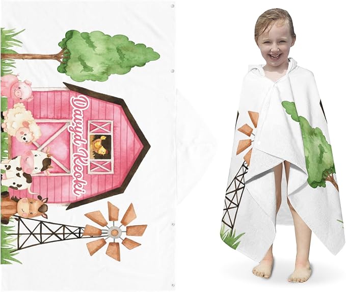 Farm Animals Personalized Kids Hooded Towel with Name Soft Absorbent Beach Pool Bath Towels Hood Poncho for Boys Girls