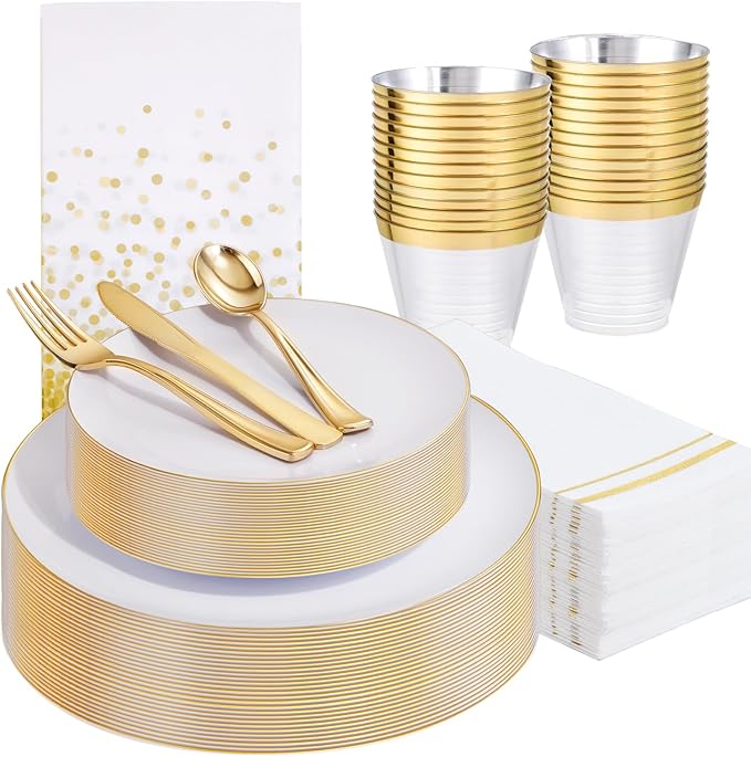 Festiva 176Pcs White and Gold Plastic Plates - White with Gold Rim Fall Dinnerware Set - 25Guest include Plates Cups Cutlery Napkins for Birthday Party&Wedding& Easter