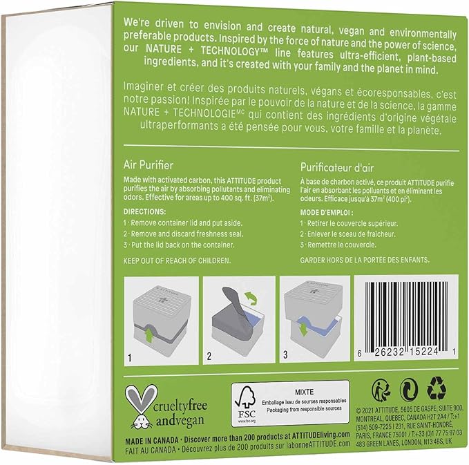 ATTITUDE Odor Eliminator with Activated Carbon, Plant-Based Air Purifier, Vegan, Green Apple and Basil, 8 Ounces