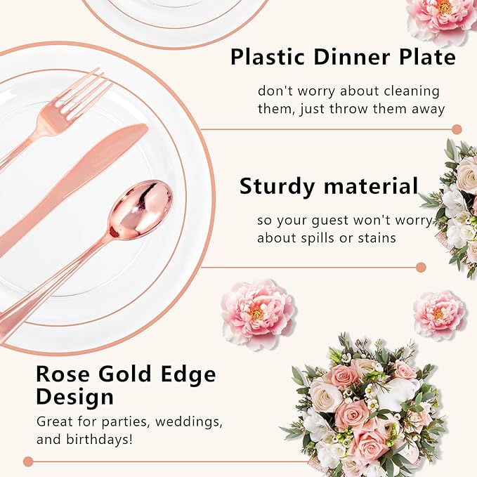 GATHER 350PCS Rose Gold Plastic Plates - Disposable Rose Gold Dinnerware Includes 100 Clear Rose Golds Rimmed Plastic Plates, 150 Silverware, 50 Napkins, 50 Cups for Party, Wedding
