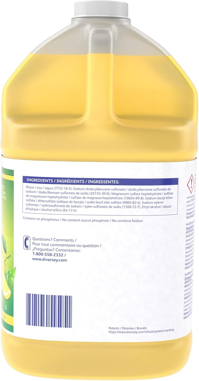 Diversey Limon Pot & Pan Detergent - Tough On Grease, Easy On Hands - High-Sudsing Liquid Dish Soap Concentrate, Lemon Fresh Scent, 1-Gallon (Pack of 2)