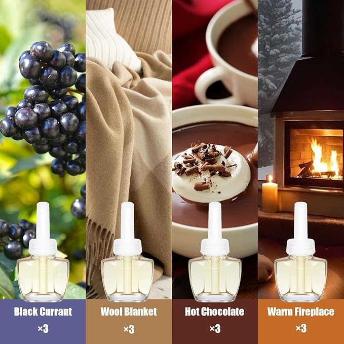 Plug In Refills Air Freshener, Black Currant, Cashmere Blanket, Hot Chocolate, Warm Fireplace, for Home and Bathroom 7.92 Fl Oz, 12 Count, Compatible with Air Wick & Glade, Not Include Glade Plus
