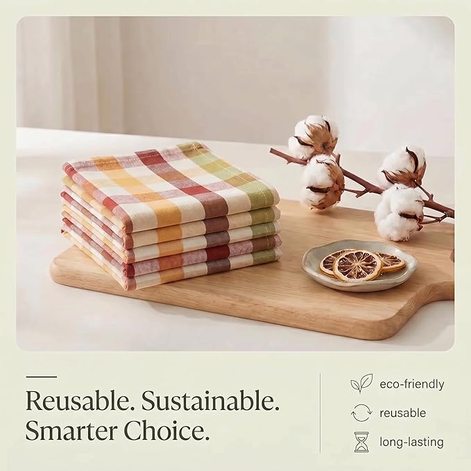 Urban Villa Kitchen Towels 100% Cotton Dish Towels for Kitchen (Set of 6) 20”x30” Dish Cloths Highly Absorbent Kitchen Linen Set with Hanging Loop Perfect for Drying Dishes Cleaning – Harvest Checks